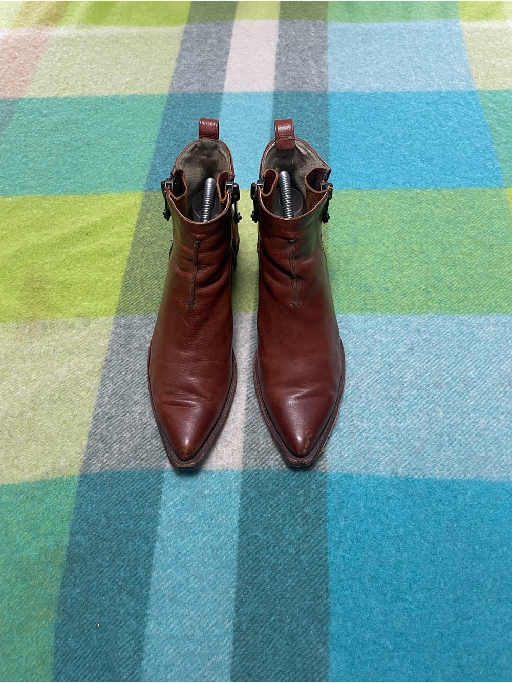 Frye Sacha Moto Shortie Leather Boots Brown Ankle Zip Pointed Toe Women’s